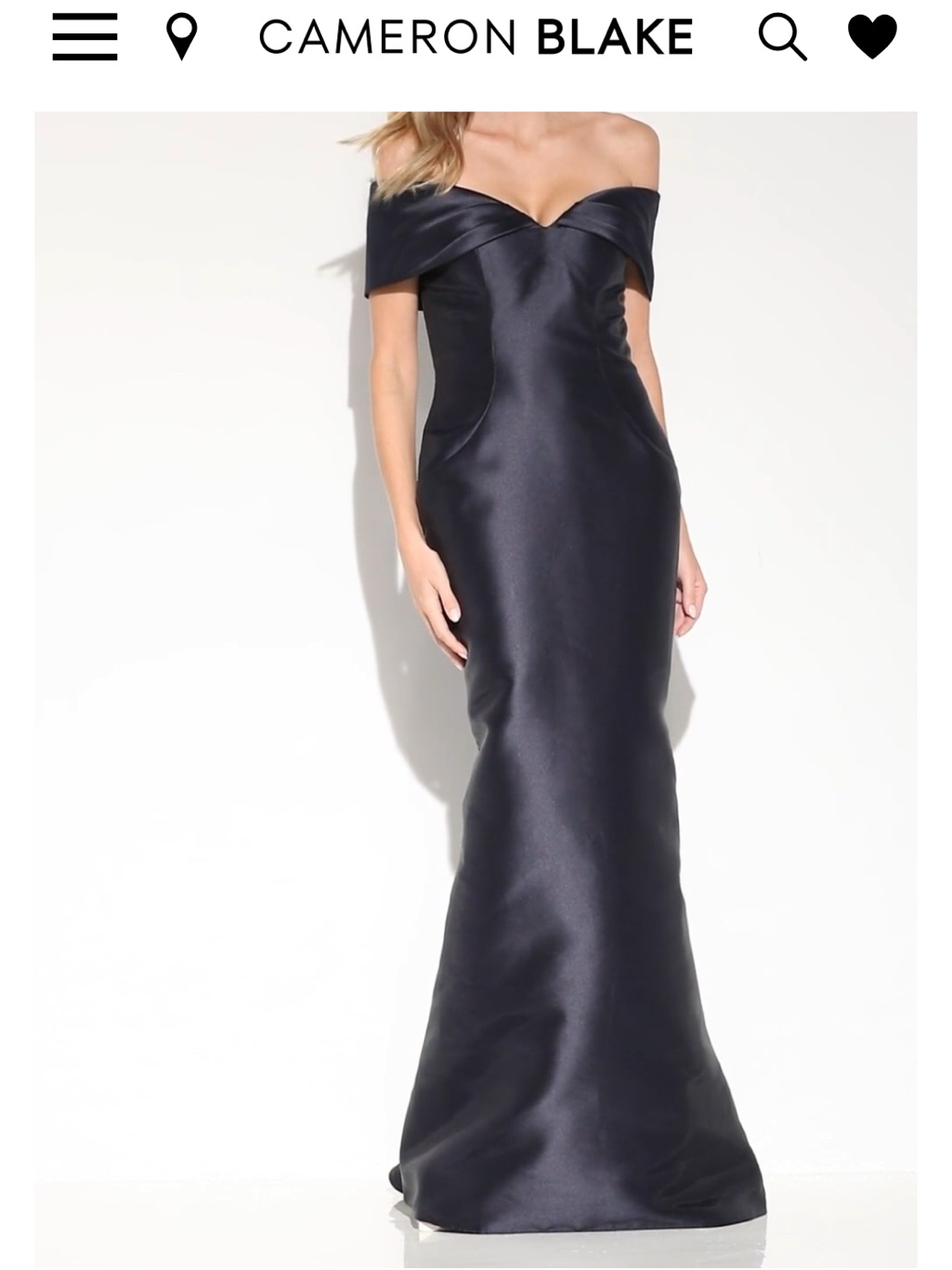 Cameron Blake Off-Shoulder Navy Satin Mermaid Gown